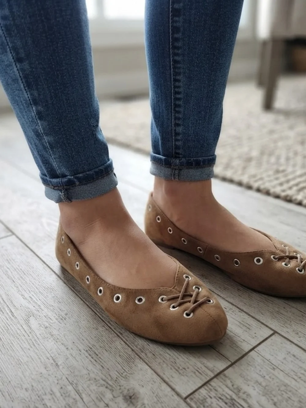 Time and Tru Tan Suede-Look Lace-Up Ballet Flats